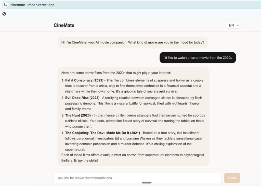 CineMate product screenshot — AI chat recommending horror films from the 2020s