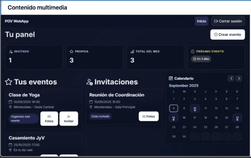 POV WebApp product screenshot — full dashboard with stats, events, invitations, and calendar